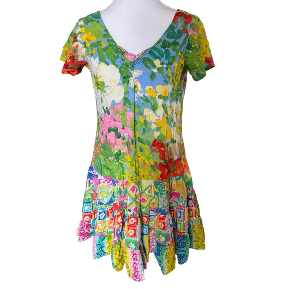 Vintage Jams World Floral Patchwork Mini Dress Hawaiian Drop Waist S Y2K